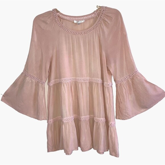 SPENSE M Rose Pink Flowy Soft & Supple Tiered 3/4 Angel Bell Sleeve Bohemian Top - Picture 1 of 6